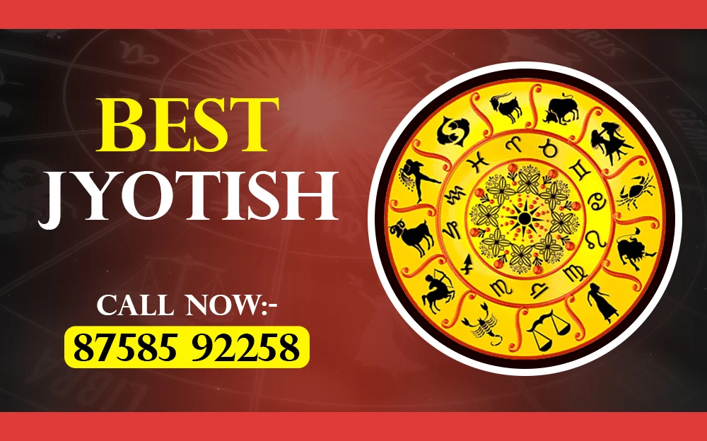 banner promoting the best Jyotish services with a vibrant yellow zodiac wheel and a contact number in bold font