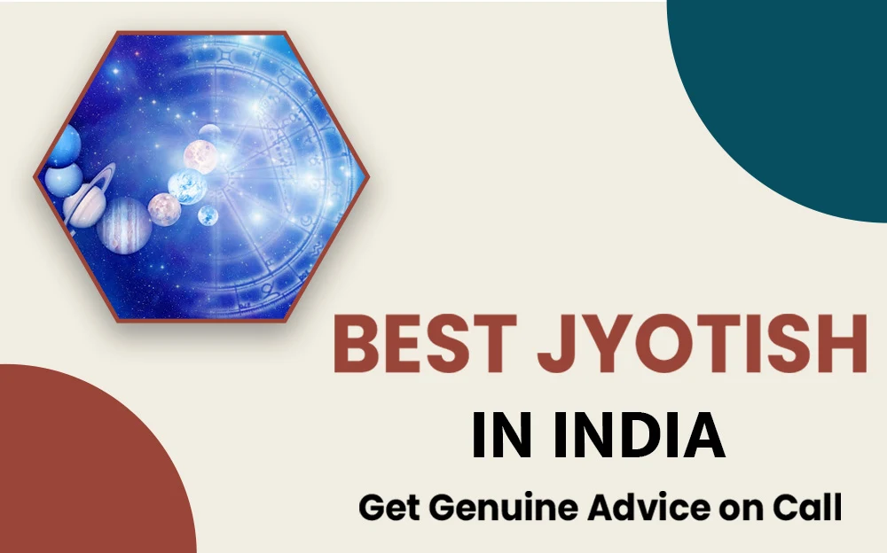 banner with a planetary zodiac design inside a hexagon, advertising the best Jyotish services in India, with a tagline about genuine advice on call