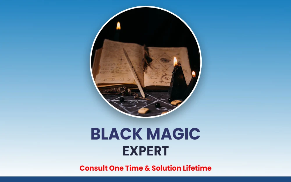 An open book with mystical symbols surrounded by black candles, accompanied by text promoting a Black Magic Expert with a tagline about lifetime solutions