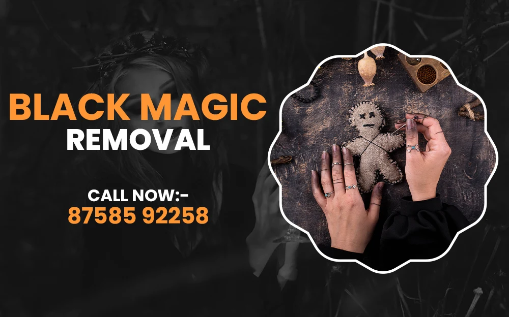 A promotional image for black magic removal services, featuring a voodoo doll and hands performing a ritual on a wooden surface with the contact number prominently displayed