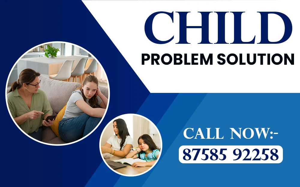 Child problem solution banner with a parent guiding a teenager and children studying, featuring a contact number for assistance