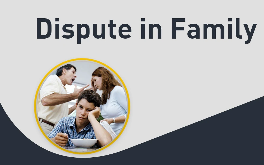 Family dispute banner showing a young boy looking upset while two adults argue in the background, set within a circular frame and a modern grey background design
