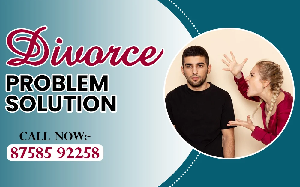 Divorce problem solution banner with a circular image of a couple in conflict, set against a teal and white gradient background. Bold text emphasizes the solution with a call-now number prominently displayed