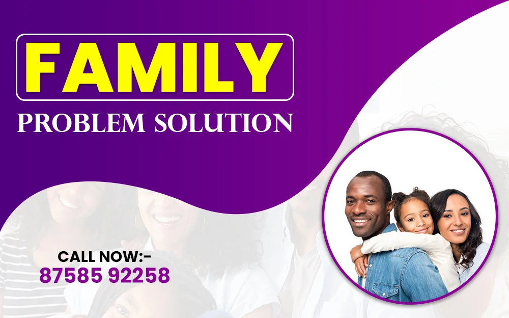Family problem solution banner featuring a smiling family of three in a circular frame, set against a purple gradient background with bold yellow and white text