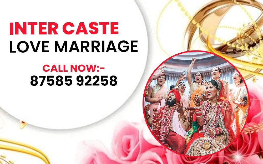 Inter-caste love marriage solution with happy wedding celebration, bride and groom, contact number for assistance