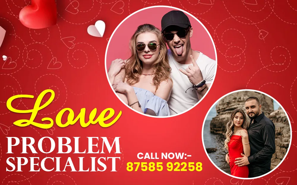 Promotional banner for a love problem specialist, featuring happy couples and a contact number on a red romantic-themed background