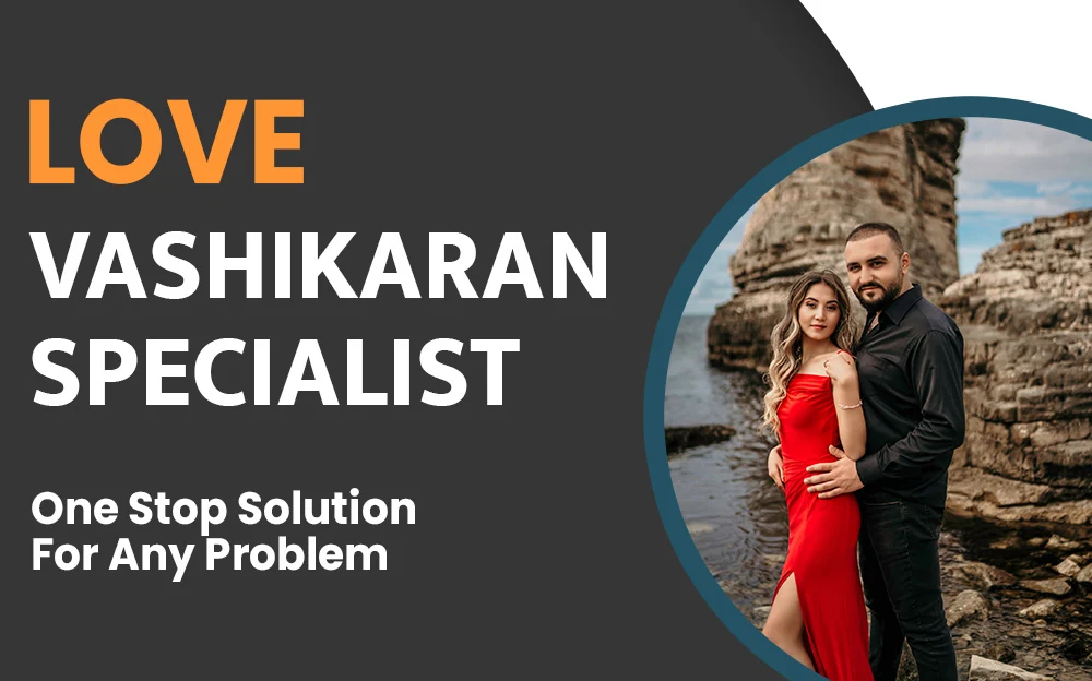 A couple standing near rocky cliffs by the sea with text promoting a Love Vashikaran Specialist offering solutions to problems