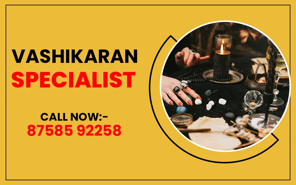 Vashikaran specialist banner with a yellow background, showcasing mystical tools, a lit candle, and a practitioner's hands, along with a contact number for consultation